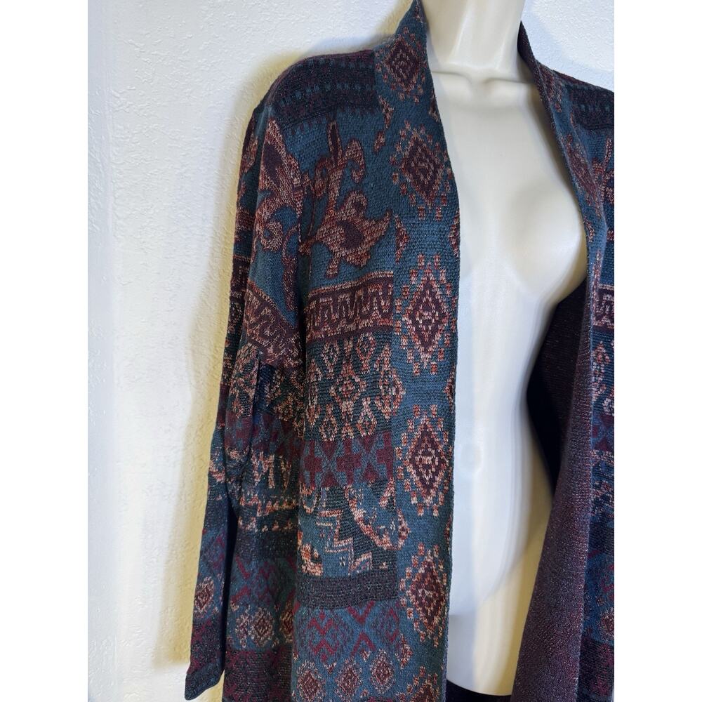 Chicos Duster Cardigan Sz 3 Multi Color Aztec Metallic Open Front Sweater jacket - Picture 7 of 9